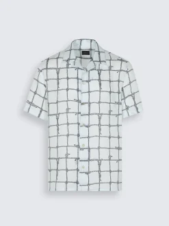 Outlet Brioni Aqua green and navy blue linen cuban shirt