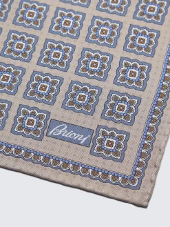 Discount Brioni and light blue motif silk pocket square Beige