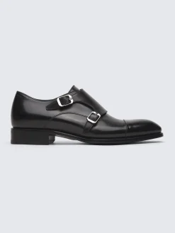 Outlet Brioni calf leather double monk Milano shoes Black