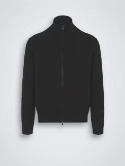 New Brioni organic cotton, silk and cashmere Trama weave full-zip sweater Black