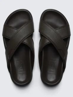 Fashion Brioni grained calf leather slide sandals Dark brown