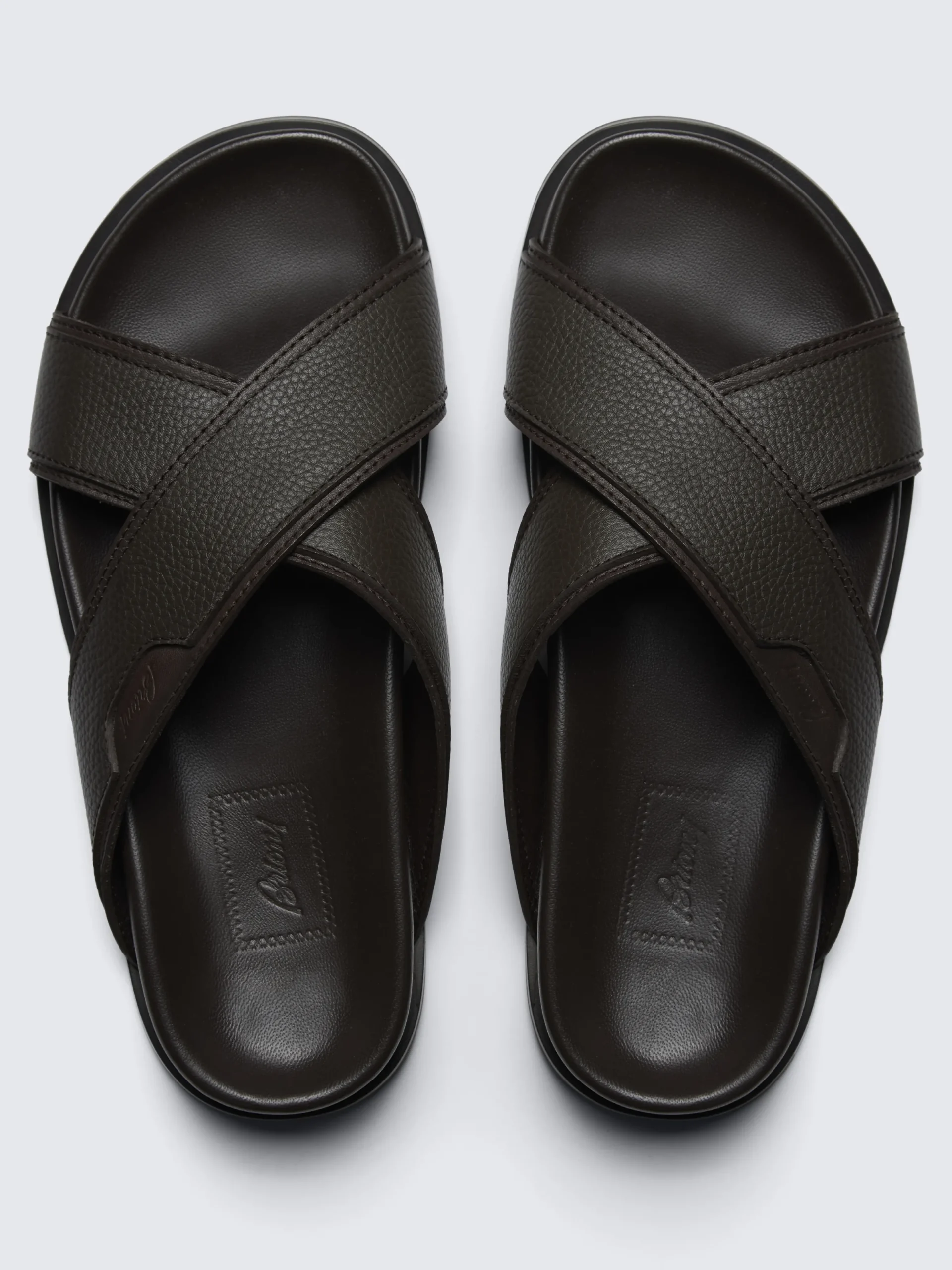 Fashion Brioni grained calf leather slide sandals Dark brown