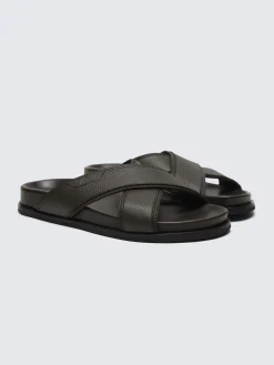 Fashion Brioni grained calf leather slide sandals Dark brown