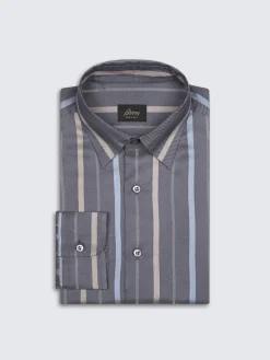 Best Brioni Dark grey, beige and sky blue striped silk hidden button-down shirt