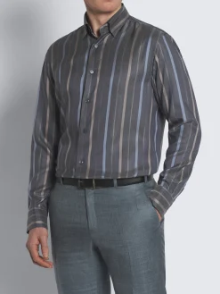 Best Brioni Dark grey, beige and sky blue striped silk hidden button-down shirt