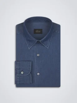 Best Brioni Denim blue cotton hidden button-down shirt