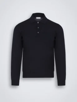 New Brioni Essential wool, cashmere and silk polo sweater Midnight Blue