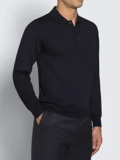 New Brioni Essential wool, cashmere and silk polo sweater Midnight Blue