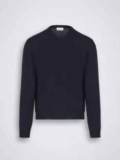 New Brioni Essential wool, cashmere and silk V-neck sweater Midnight Blue