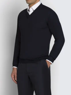 New Brioni Essential wool, cashmere and silk V-neck sweater Midnight Blue