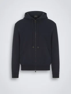 Outlet Brioni Essential stretch cotton full-zip hooded blouson Navy blue