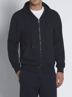 Outlet Brioni Essential stretch cotton full-zip hooded blouson Navy blue