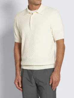 New Brioni organic cotton, silk and cashmere Trama weave polo Ivory white