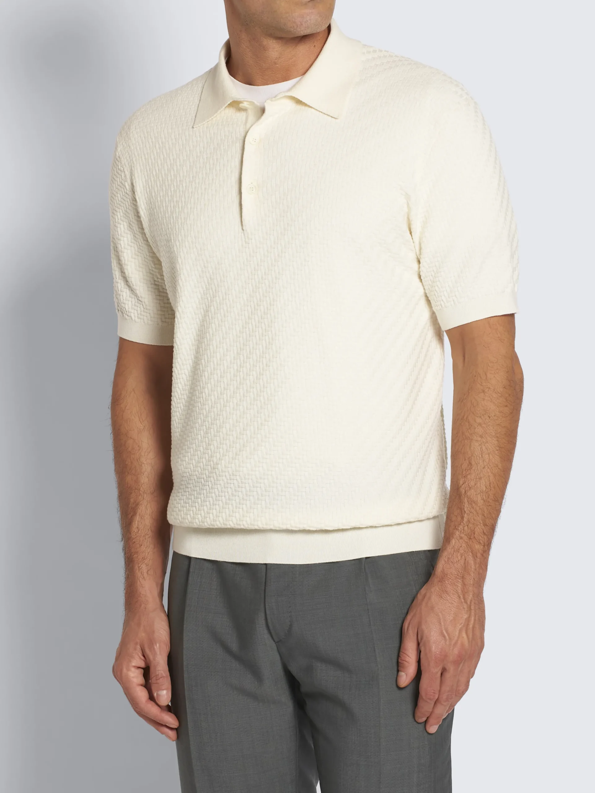 New Brioni organic cotton, silk and cashmere Trama weave polo Ivory white