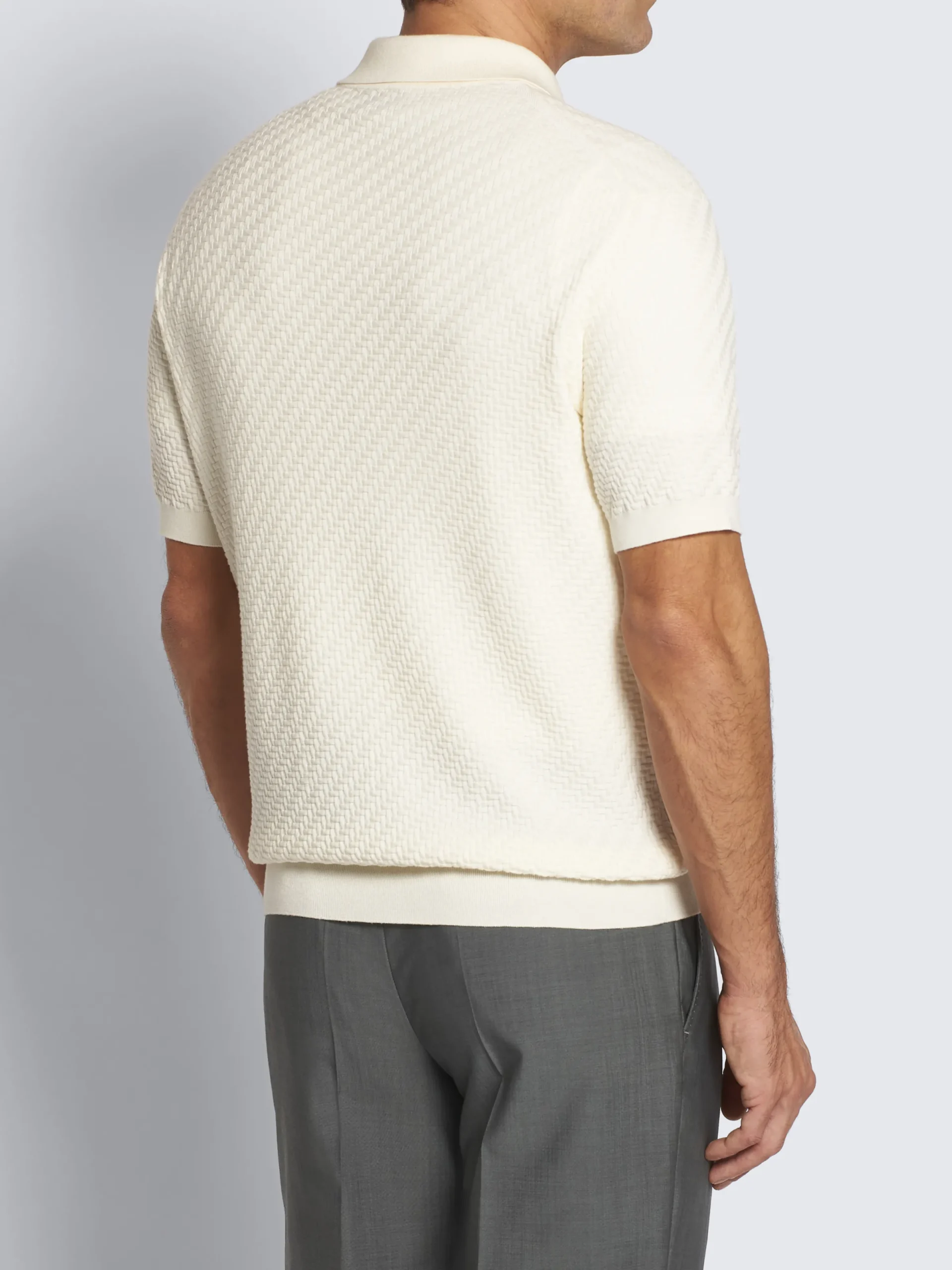 New Brioni organic cotton, silk and cashmere Trama weave polo Ivory white