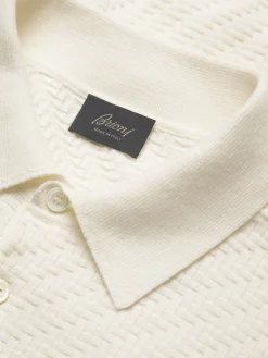 New Brioni organic cotton, silk and cashmere Trama weave polo Ivory white