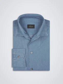 Sale Brioni cotton denim Capri collar shirt Light blue