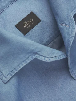 Sale Brioni cotton denim Capri collar shirt Light blue