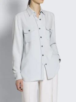 Hot Brioni Light blue silk cady military shirt
