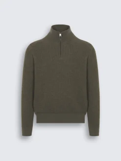 Clearance Brioni Military green and taupe cashmere and wool half-zip mockneck sweater
