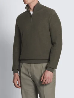 Clearance Brioni Military green and taupe cashmere and wool half-zip mockneck sweater