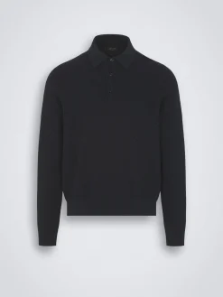 Best Brioni organic cotton, silk and cashmere Trama polo sweater Navy blue
