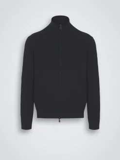 Outlet Brioni organic cotton, silk and cashmere Trama weave full-zip sweater Navy blue