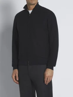Outlet Brioni organic cotton, silk and cashmere Trama weave full-zip sweater Navy blue
