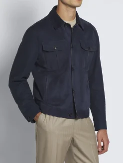 Discount Brioni suede and linen shirt collar blouson Navy blue