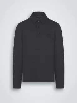 New Brioni technical wool long-sleeved polo Navy blue