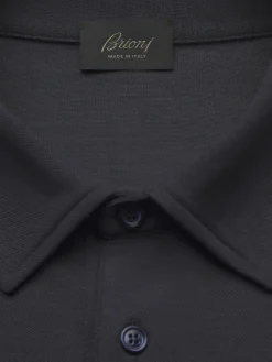 New Brioni technical wool long-sleeved polo Navy blue