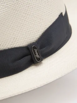 Outlet Brioni Panama hat with blue ribbon White