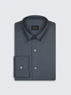 Outlet Brioni cashmere and sillk twill hidden button-down shirt Petroleum blue