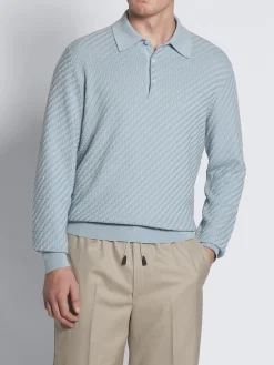 Best Brioni Sky blue cotton, silk and cashmere Trama weave long-sleeved polo
