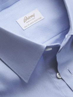 Fashion Brioni micro houndstooth Sea Island cotton formal shirt Sky Blue