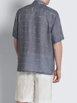 Fashion Brioni Steel blue and white linen cuban shirt