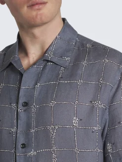 Fashion Brioni Steel blue and white linen cuban shirt