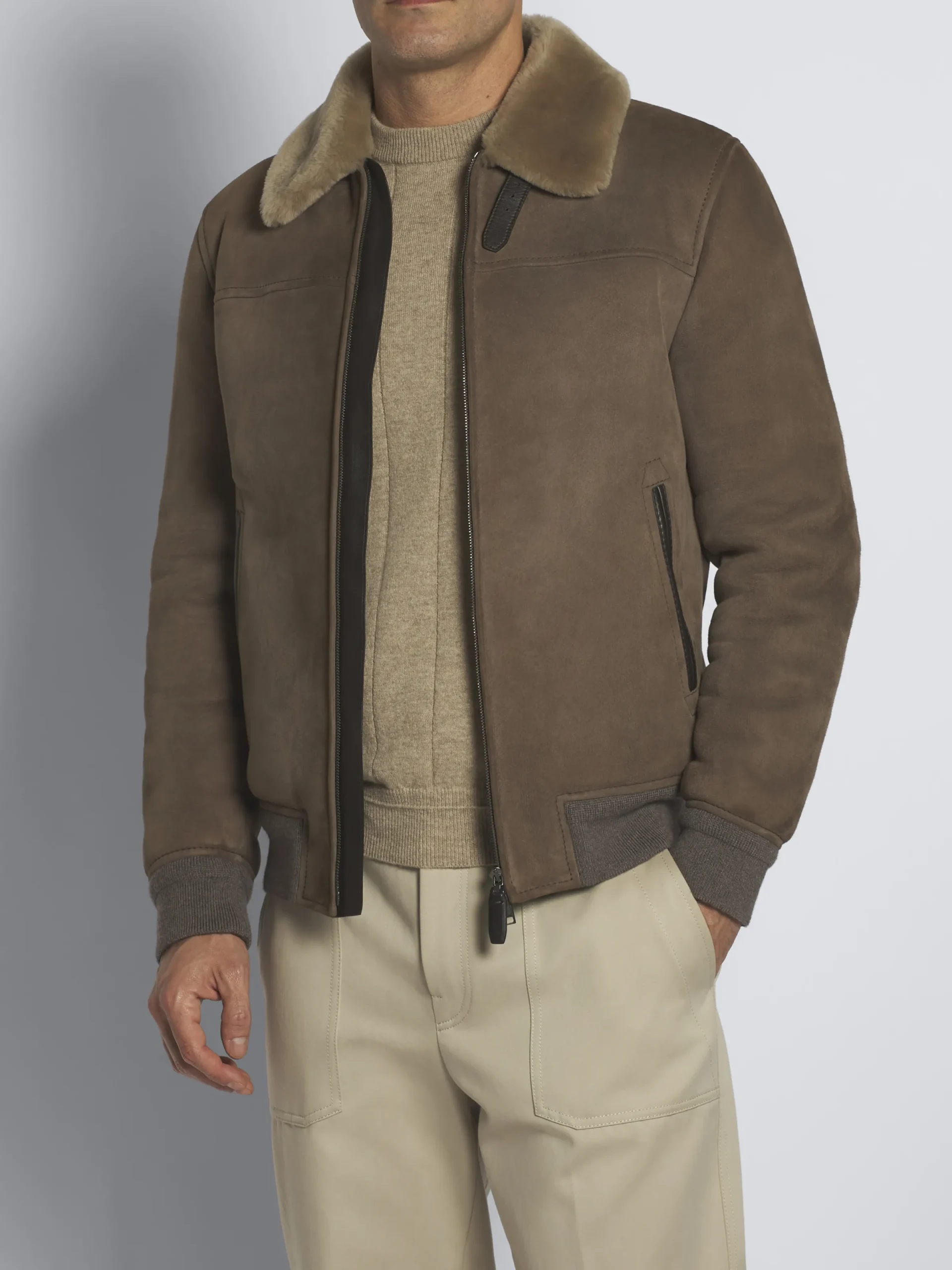 New Brioni shearling shirt collar blouson Taupe