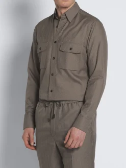 Sale Brioni silk seersucker militry shirt Taupe