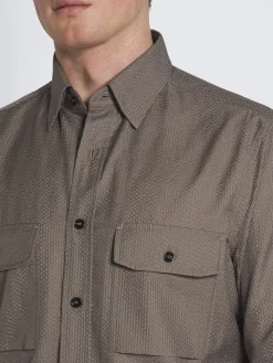 Sale Brioni silk seersucker militry shirt Taupe