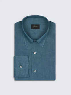 Outlet Brioni linen hidden button-down shirt Teal green
