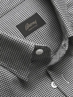 Outlet Brioni and black houndstooth Ventiquattro flannel cotton hidden button-down shirt White