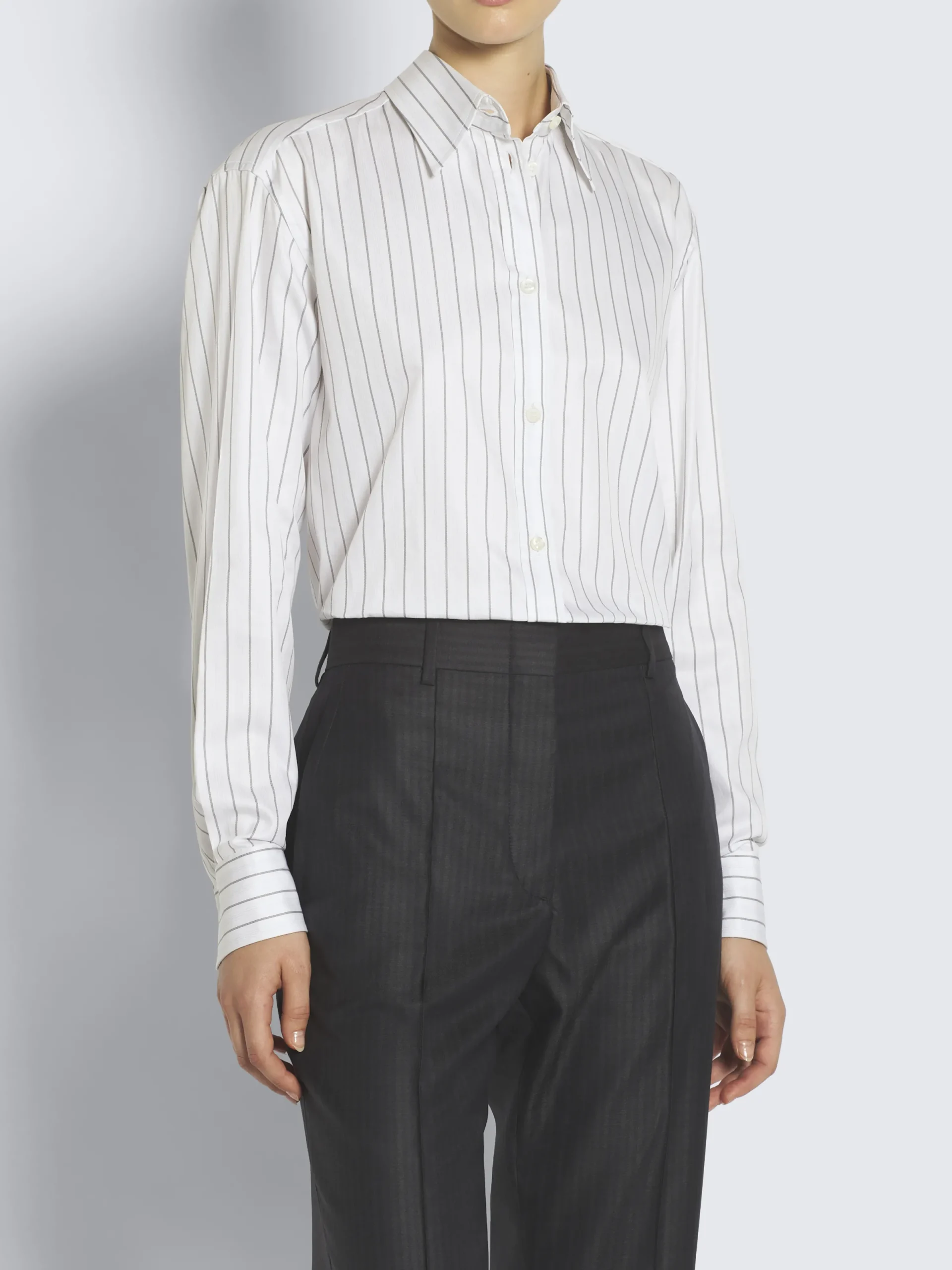 Best Brioni White and lead grey striped cotton twill shirt