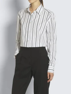 Hot Brioni White, navy blue and lead grey striped cotton shirt