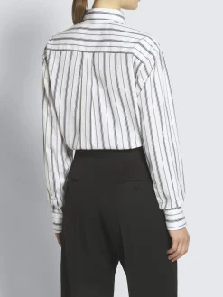 Hot Brioni White, navy blue and lead grey striped cotton shirt